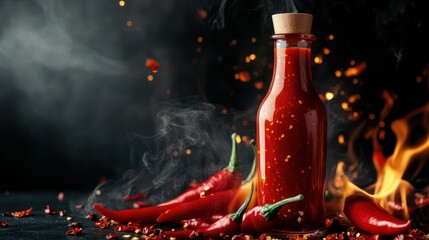 a fiery tableau of homemade hot sauce: a vibrant composition showcasing freshness, heat, and culinary artisanship in a dramatic presentation