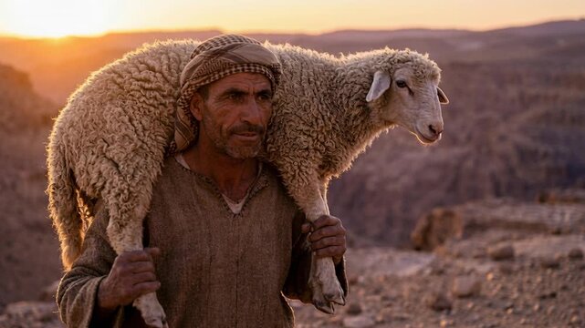 The Good Shepherd Carrying a Rescued Lost Sheep on Shoulders. Joyful Biblical Parable of Jesus. Luke 15