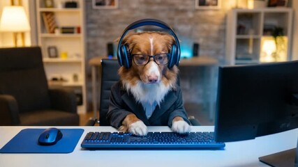 A clever collie in a suit and glasses works late at his home office, wearing headphones and typing on a glowing keyboard like a true professional