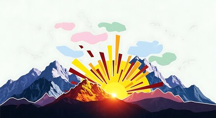 Artistic sunrise illustration over mountains and colorful clouds in serene landscape