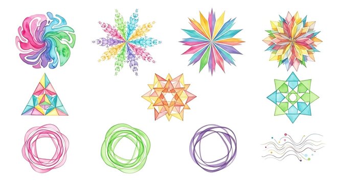 Watercolor Geometric Collection: Vibrant Designs on White Background