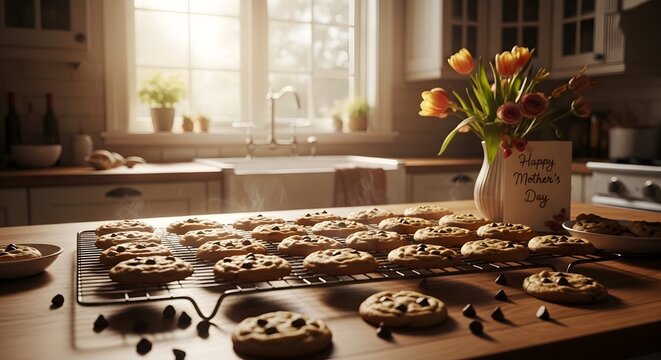 Freshly baked chocolate chip cookies on a cooling rack with a mother's day card and flowers - Powered by Adobe