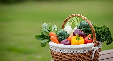A wicker basket filled with fresh vegetables on a wooden surface against a green background outdoors