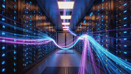 Futuristic AI Data Center With Glowing Neural Cables Background