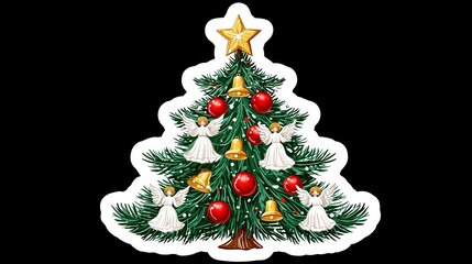 Naklejka premium festive christmas tree sticker with ornaments bells angels and bright star