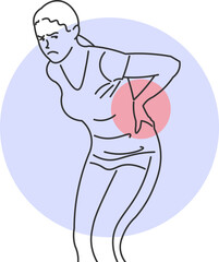Vector illustration of a woman bent over, clutching her back in acute lower back pain
