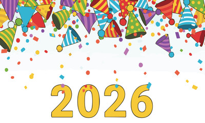 Vibrant New Year 2026 Celebration with Colorful Party Hats and Festive Confetti Raining Down on a White Background