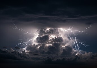 Dramatic lightning strikes across dark stormy sky during thunderstorm