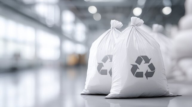 Two white garbage bags with recycling symbols are placed on a polished floor in a spacious industrial setting, emphasizing waste management and environmental sustainability