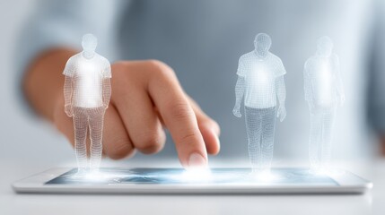 Digital interaction with a tablet displaying holographic figures, showcasing innovative technology and virtual reality concepts in a modern workspace environment