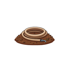 Coiled water hose resting on earthen mound illustration portrays gardening preparation outdoors