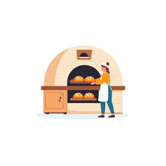 Female baker tending traditional stone oven with fresh bread showcasing culinary expertise and