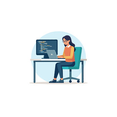 Female developer coding on a computer in a modern office setting with natural light programmer