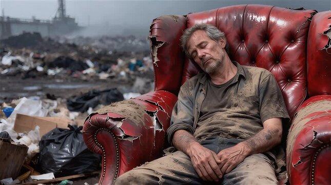 Un hombre de mediana edad durmiendo un sofá de cuero rojo en un vertedero de basura