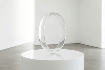 Thin glass ring floating mid-air above a white cylindrical pedestal, minimal abstract sculpture in a bright white modern art gallery