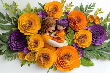 Stylized paper crafting depicts a mother tenderly embracing her young child surrounded by vibrant blossoms