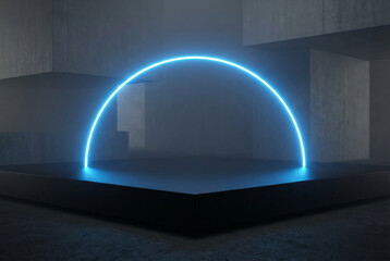 Bright neon blue arc of light glowing above a matte black platform in a dark, atmospheric brutalist concrete architectural space
