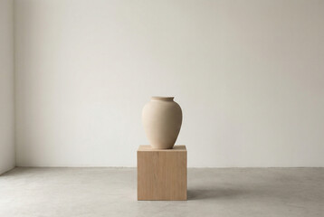 Large matte beige ceramic vase centered on a wooden cube pedestal in a stark, empty minimalist studio with white walls and concrete floor