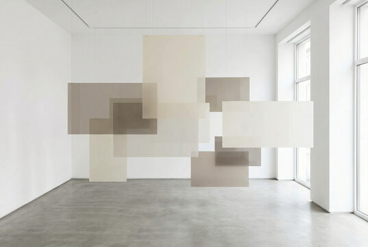 Large geometric composition with multiple floating translucent rectangles in neutral beige and gray tones in a bright, modern art space