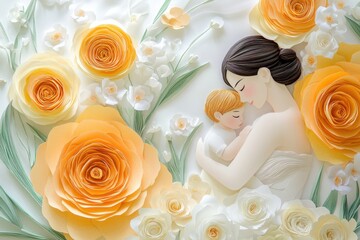 Tender maternal embrace depicted with stylized paper flowers in warm yellow and white tones
