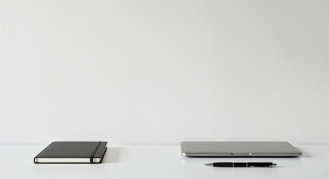 Clean, simple minimalist workspace with a black notebook, closed silver laptop, and pen on a white desk against a white wall with copy space