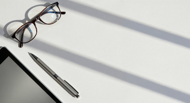 Minimalist white desk flat lay with tablet, pen, and tortoiseshell glasses, featuring diagonal shadows from natural window light