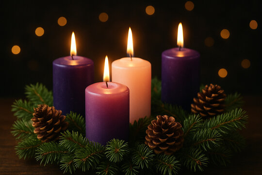 Velas moradas y rosa de adviento con decoraci&oacute;n navide&ntilde;a.