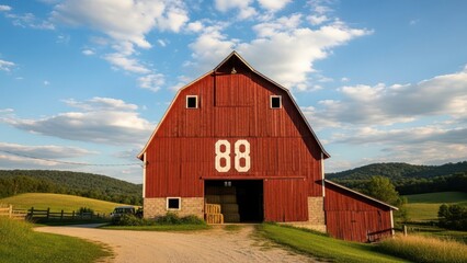 Obraz premium Classic red barn with number 88 under a cloudy blue sky