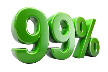 Shiny green 3d ninety nine percent symbol with reflections isolated on a transparent background 99 percent