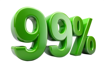 Shiny green 3d ninety nine percent symbol with reflections isolated on a transparent background 99 percent