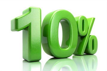 Shiny green 3 D ten percent symbol with reflection on white background isolated on a transparent background
