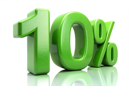 Shiny green 3 D ten percent symbol with reflection on white background isolated on a transparent background - Powered by Adobe