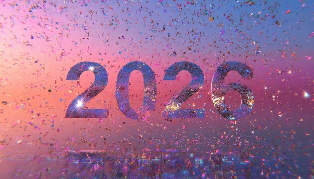 Sparkling numeric designation for the year two thousand twenty-six descends amidst celebratory particulate matter