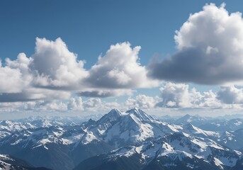 Naklejka premium Snow capped mountains under a bright blue sky with fluffy white clouds