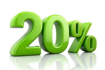 Shiny green 3d twenty percent symbol with reflection on black background isolated on a transparent background