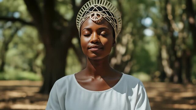 African woman meditating peacefully in a lush forest, eyes closed, wearing an elegant golden headpiece, symbolizing spiritual wellness, mindfulness, and tranquil nature connection.