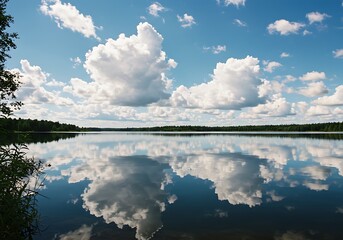 Tranquil lake reflecting blue sky and fluffy clouds on a sunny day