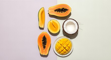 A flat lay of fresh tropical fruits, including sliced papaya, diced mango, and a halved coconut on a split pastel background.