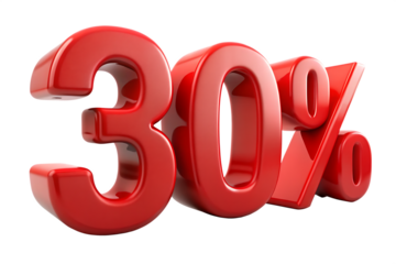 Shiny red 30 percent symbol 3d rendering isolated on white background isolated on a transparent background