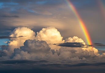 Vibrant rainbow arcs across cloudy sky during daytime with sunlight effect