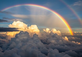 Vibrant rainbow arcs across cloudy sky with sunlight and atmospheric effects