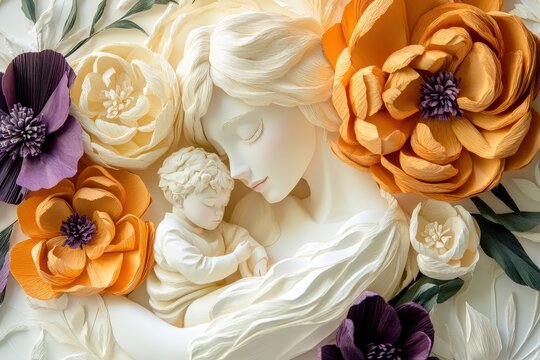 Sculpted depiction of maternal affection surrounded by layered paper flowers showcases gentle devotion.