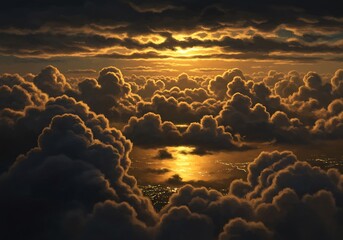 Dramatic cloudscape with golden sunlight illuminating the horizon at dusk