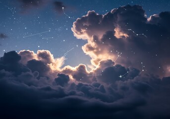 Dramatic cloudscape with celestial stars and constellations at twilight