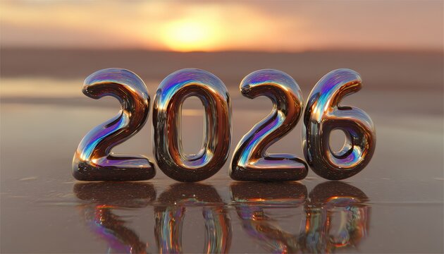 Shiny metallic numerals signifying the year two thousand twenty-six rest upon wet ground during sunrise or sunset.