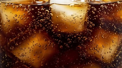 Closeup of cola with ice and bubbles revealing a dark fizzy beverage - Powered by Adobe