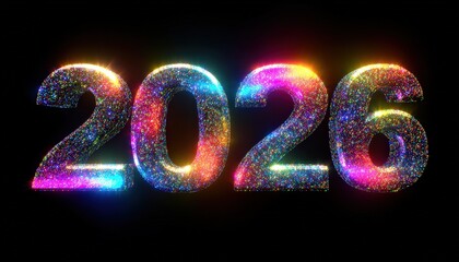 Year designation two thousand twenty six rendered with vibrant multicolored sparkling particles on a dark background