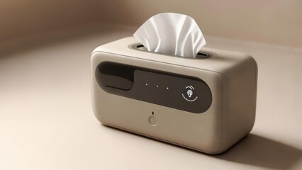 Fototapeta premium Beige, rectangular tissue box with a digital display, and a single tissue visible