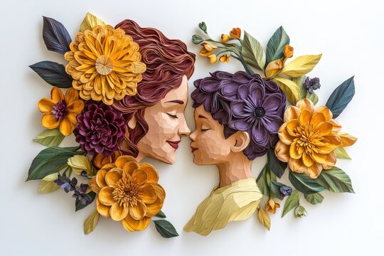 Intricate paper craft artwork depicts a tender moment between a mother figure and child surrounded by colorful floral elements