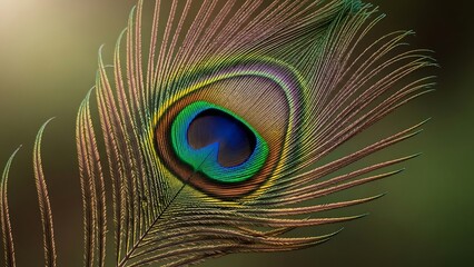 Obraz premium Close-up of a vibrant peacock feather showcasing intricate details and iridescent colors.